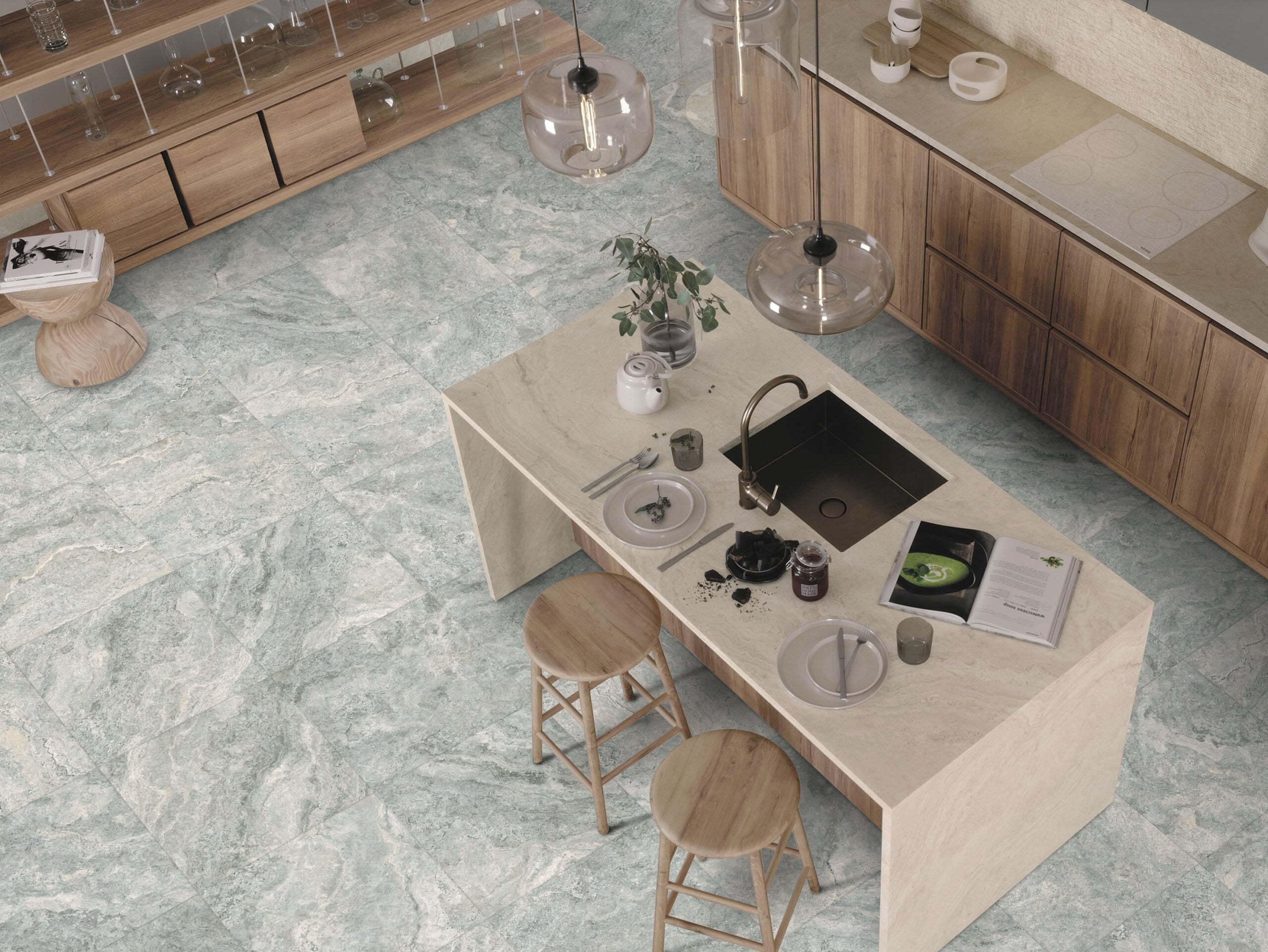 Natural stone tiles in kitchen