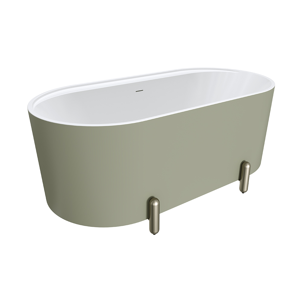 Aluca Freestanding Bath, 1500mm Matte Olive with Brushed Nickel Legs with overflow