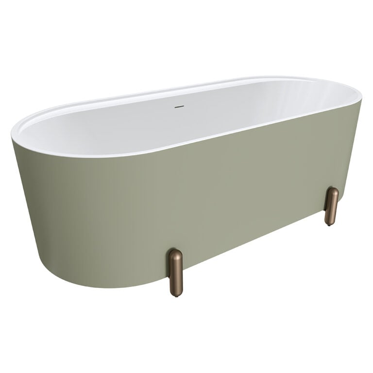 Aluca Freestanding Bath, 1700mm Matte Olive with Brushed Copper Legs with overflow