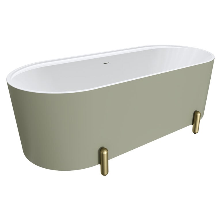 Aluca Freestanding Bath, 1700mm Matte Olive with Urban Brass Legs with overflow