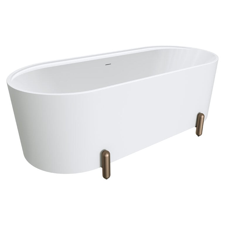 Aluca Freestanding Bath, 1700mm Matte White with Brushed Copper Legs with overflow